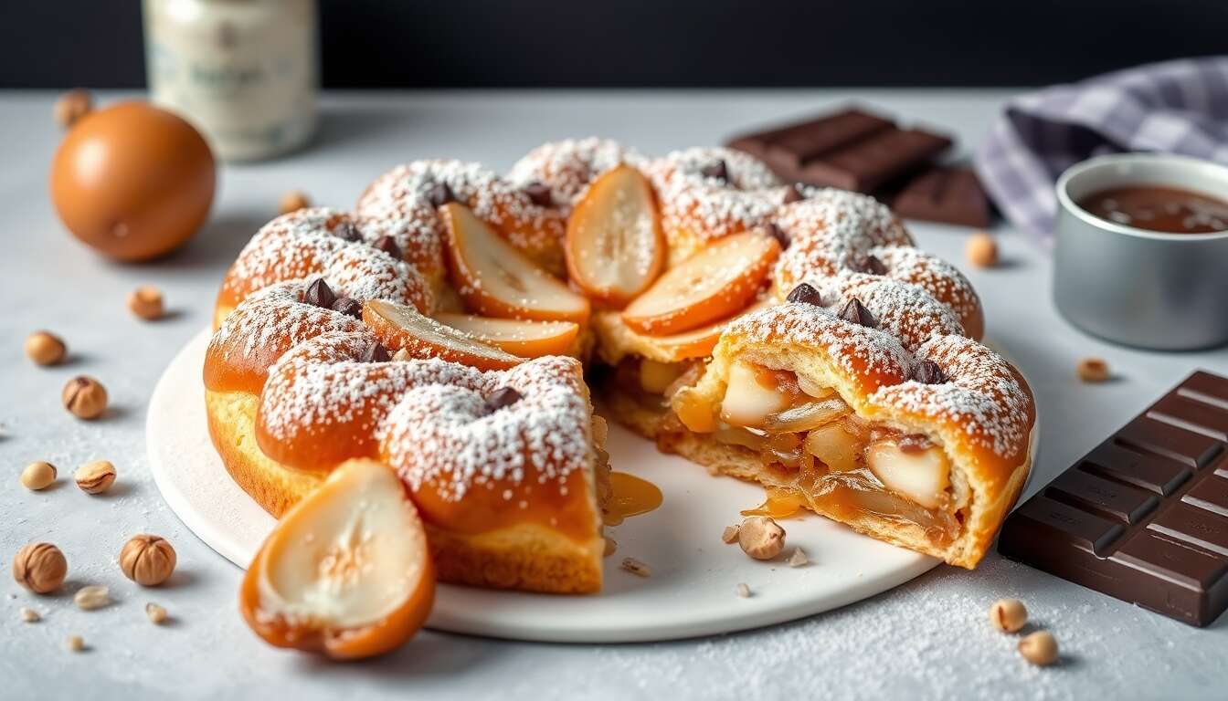 Galette des rois : noisette, poire caramélisée et chocolat
