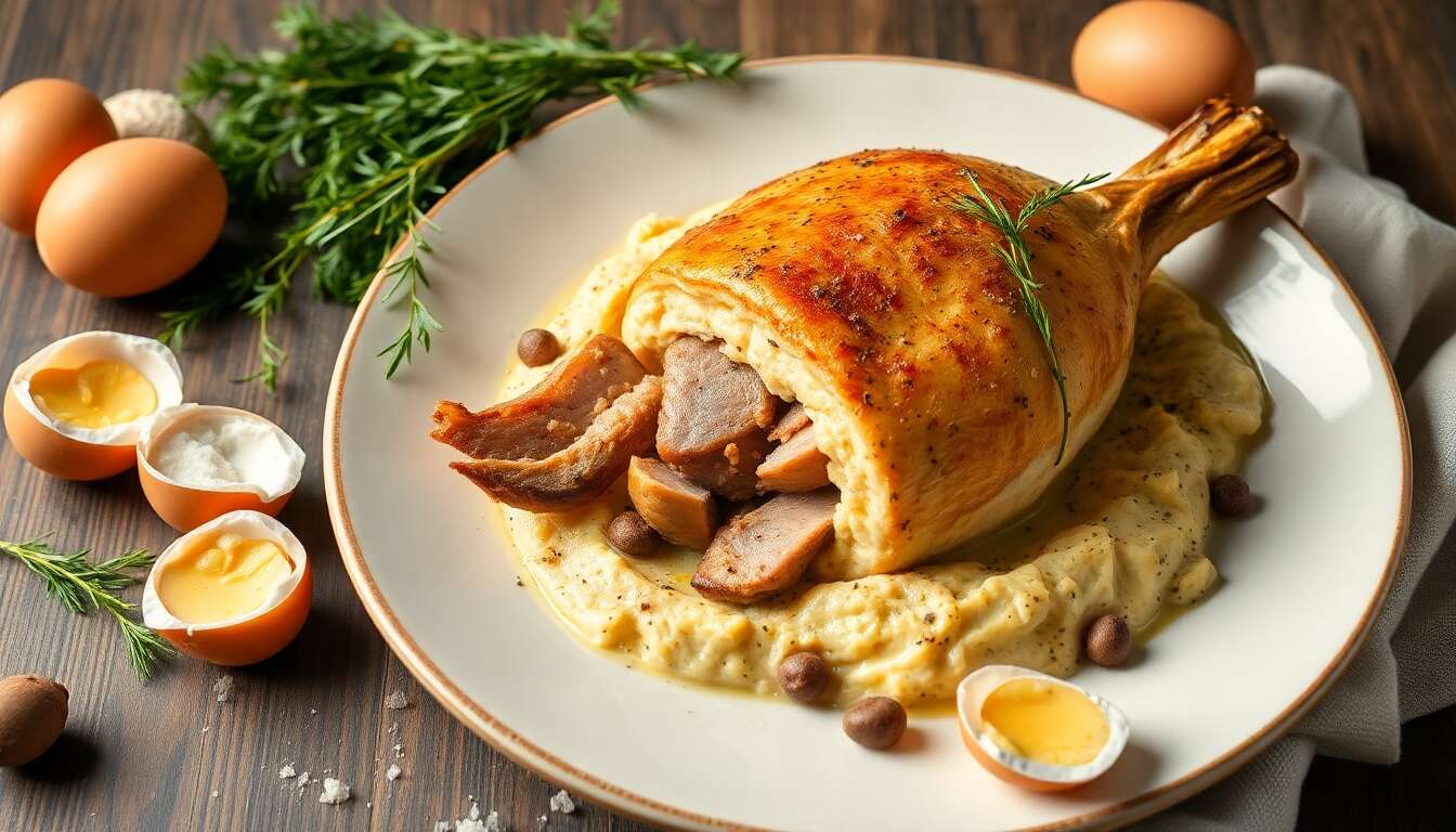 Recette de poularde rôtie farcie au pied de cochon et purée de truffe