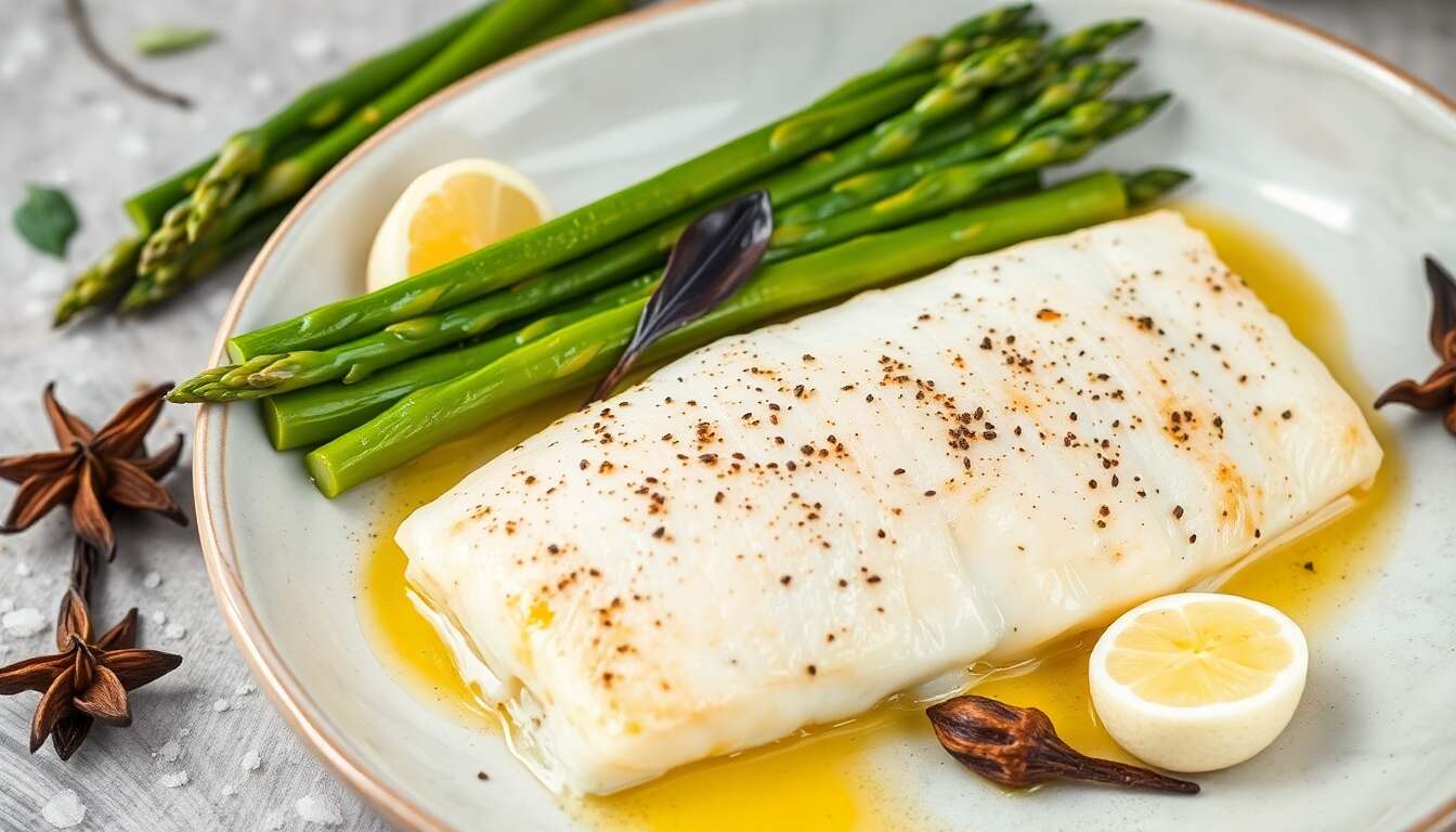 Filets de bar rôtis aux asperges vertes et vanille par Luana Belmondo