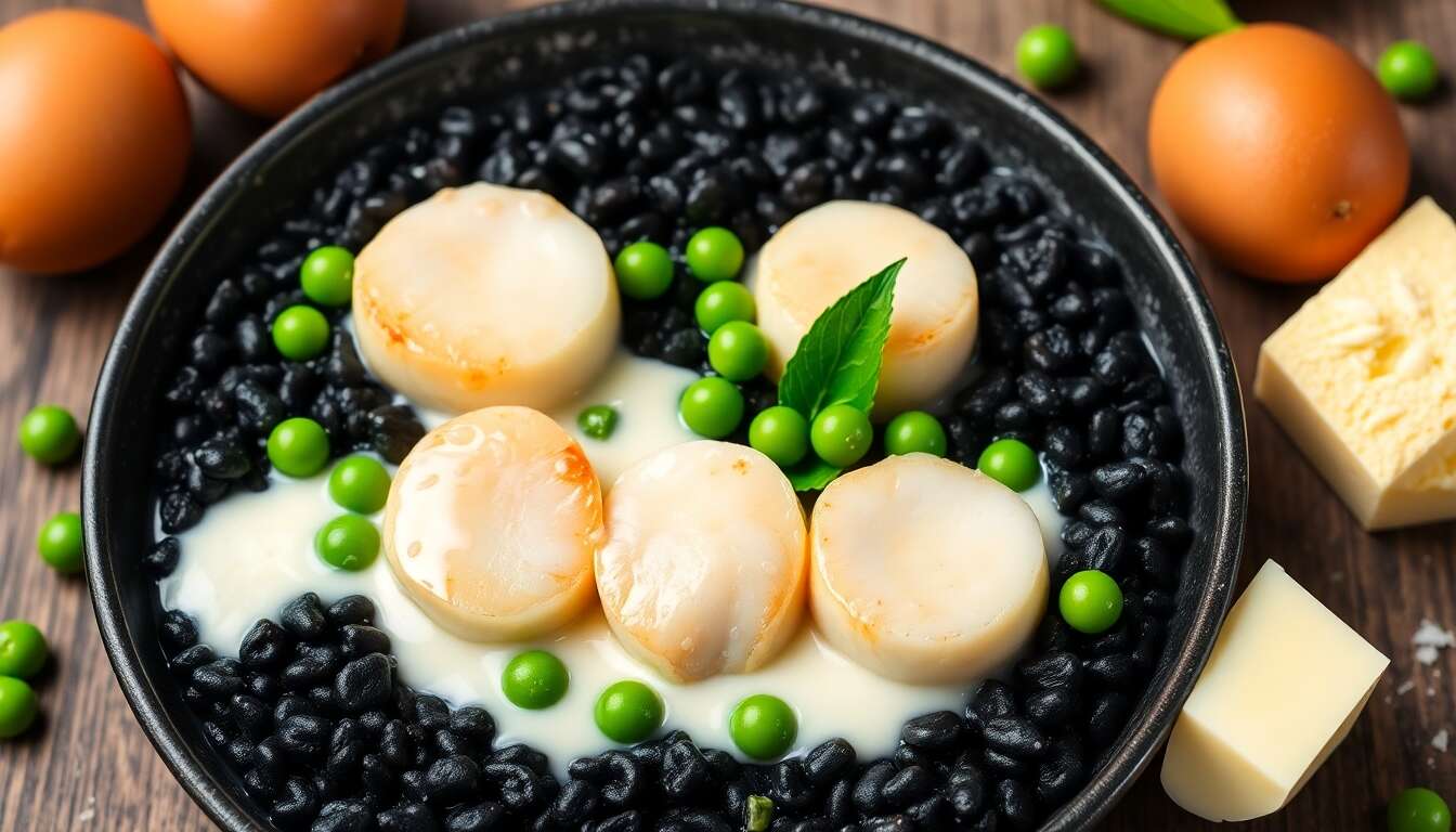 Saint-Jacques à la crème de petits pois et risotto vénéré