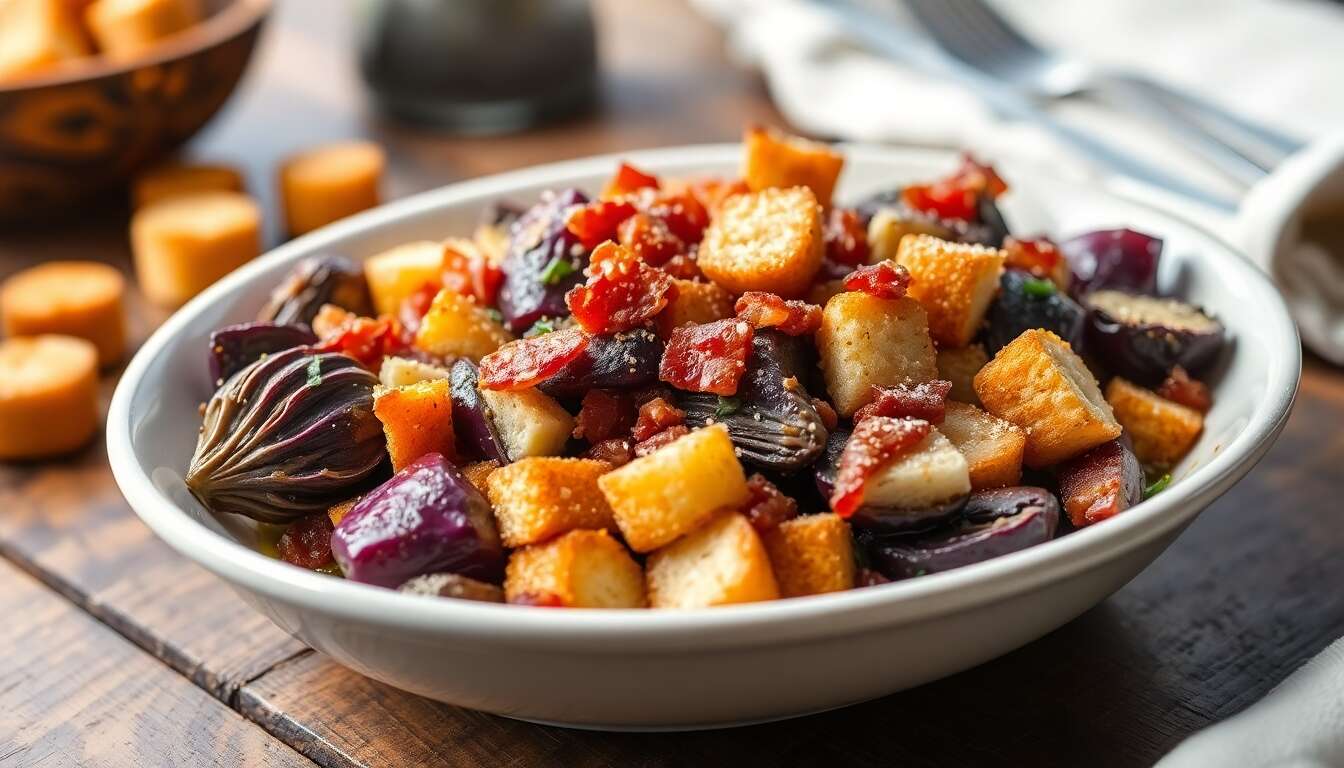 Poêlée d'artichauts violets, lardons et croûtons : recette savoureuse