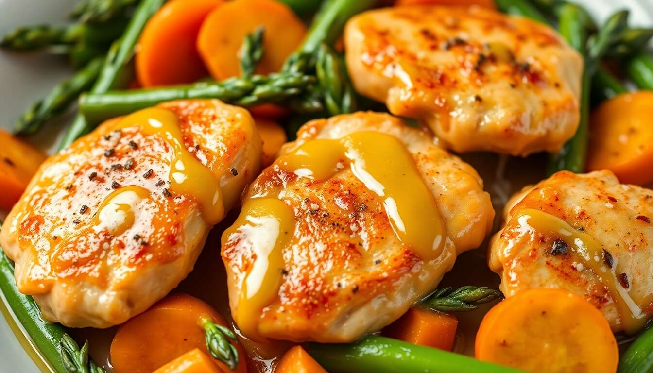 Sauté de poulet léger aux asperges et carottes : recette à la moutarde