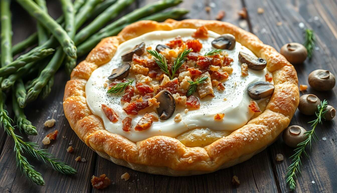 Tarte aux asperges sauvages, champignons et lardons : recette gourmande