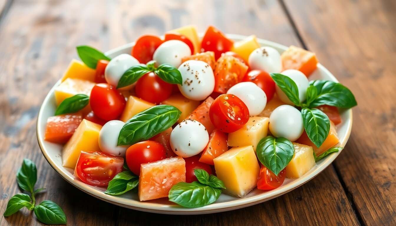 Salade fraîcheur : melon, tomates cerises et mozzarella