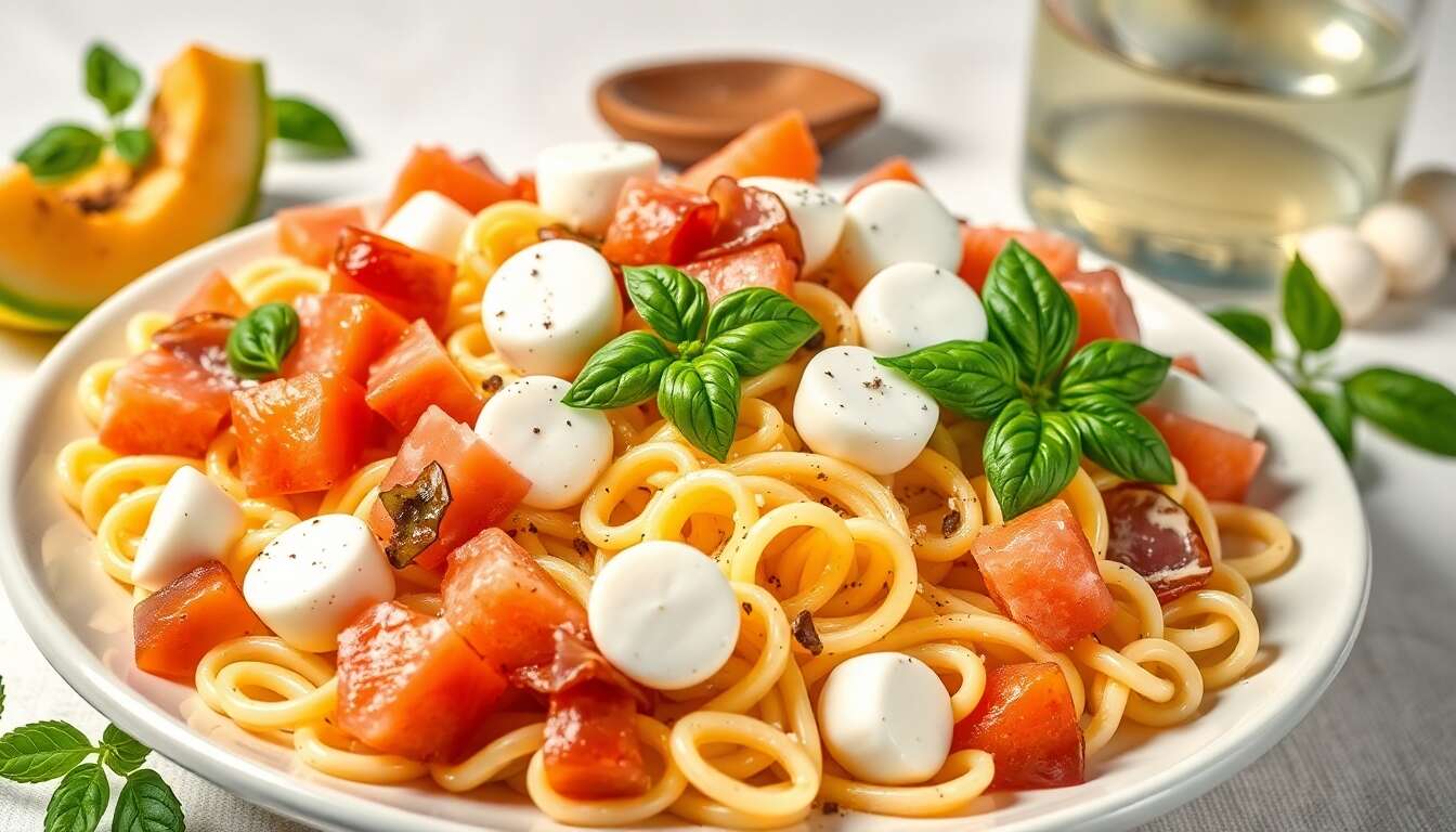 Salade de pâtes estivale : melon, jambon et mozzarella