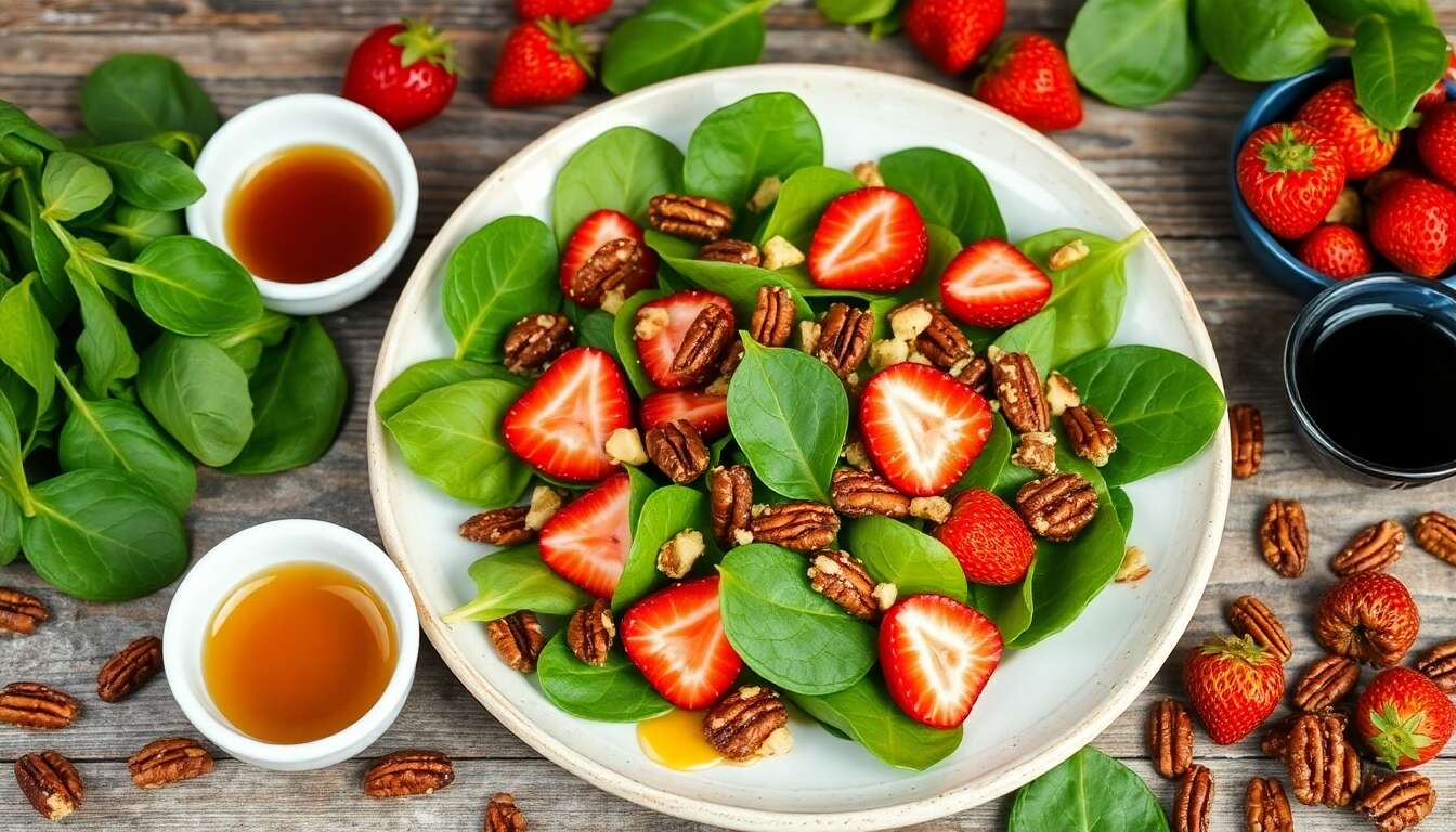Salade d'été : fraises, épinards et noix de pécan croquantes