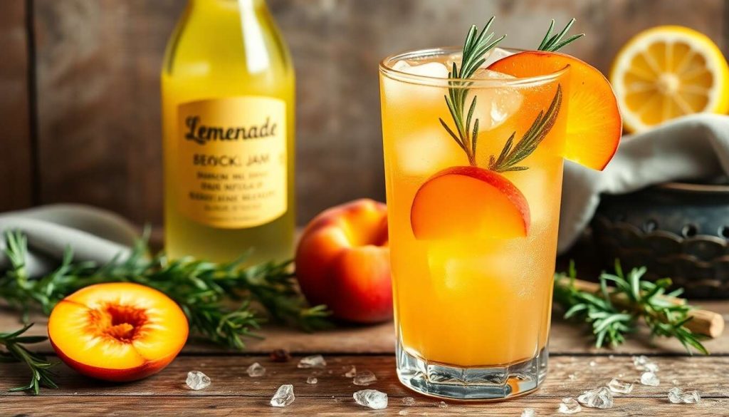 Mocktail rafraîchissant : limonade au sirop de confiture de pêche et romarin