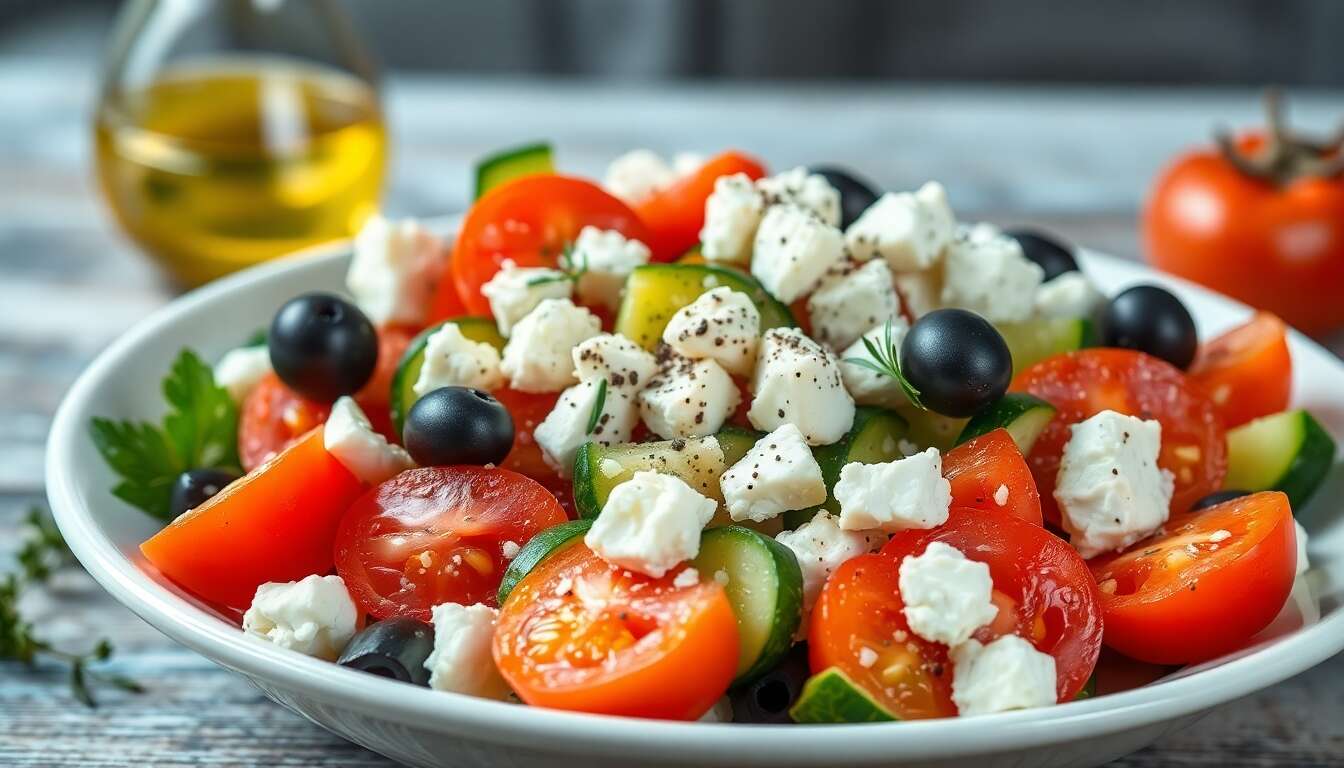 Salade grecque au concombre et tomate de France : recette savoureuse