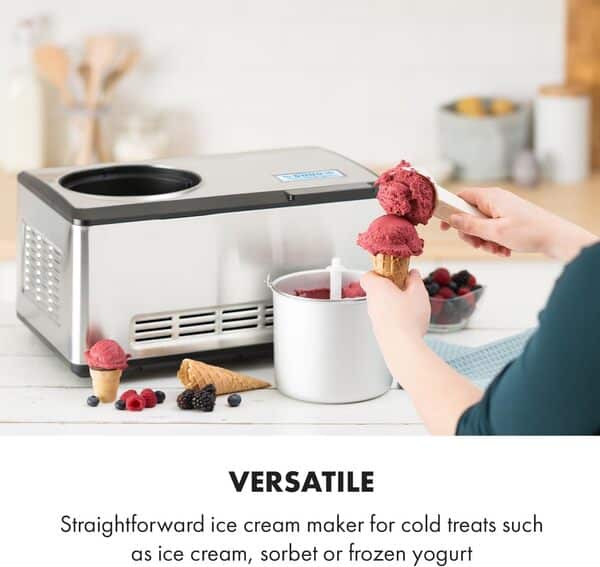 Klarstein Dolce Bacio - Machine à crème glacée, Sorbetière à compresseur, Glaces, sorbets, yaourts, Pack thermique 2L, Ecran tactile LCD, Minuterie, Acier inoxydable, Argent