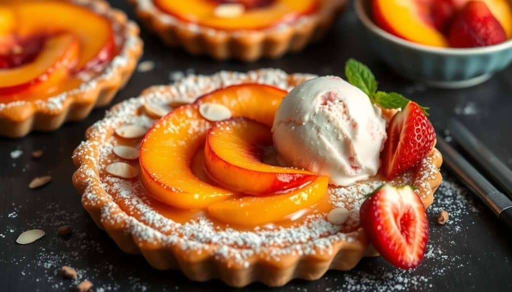 Tarte fine aux pêches et glace à la fraise : recette gourmande