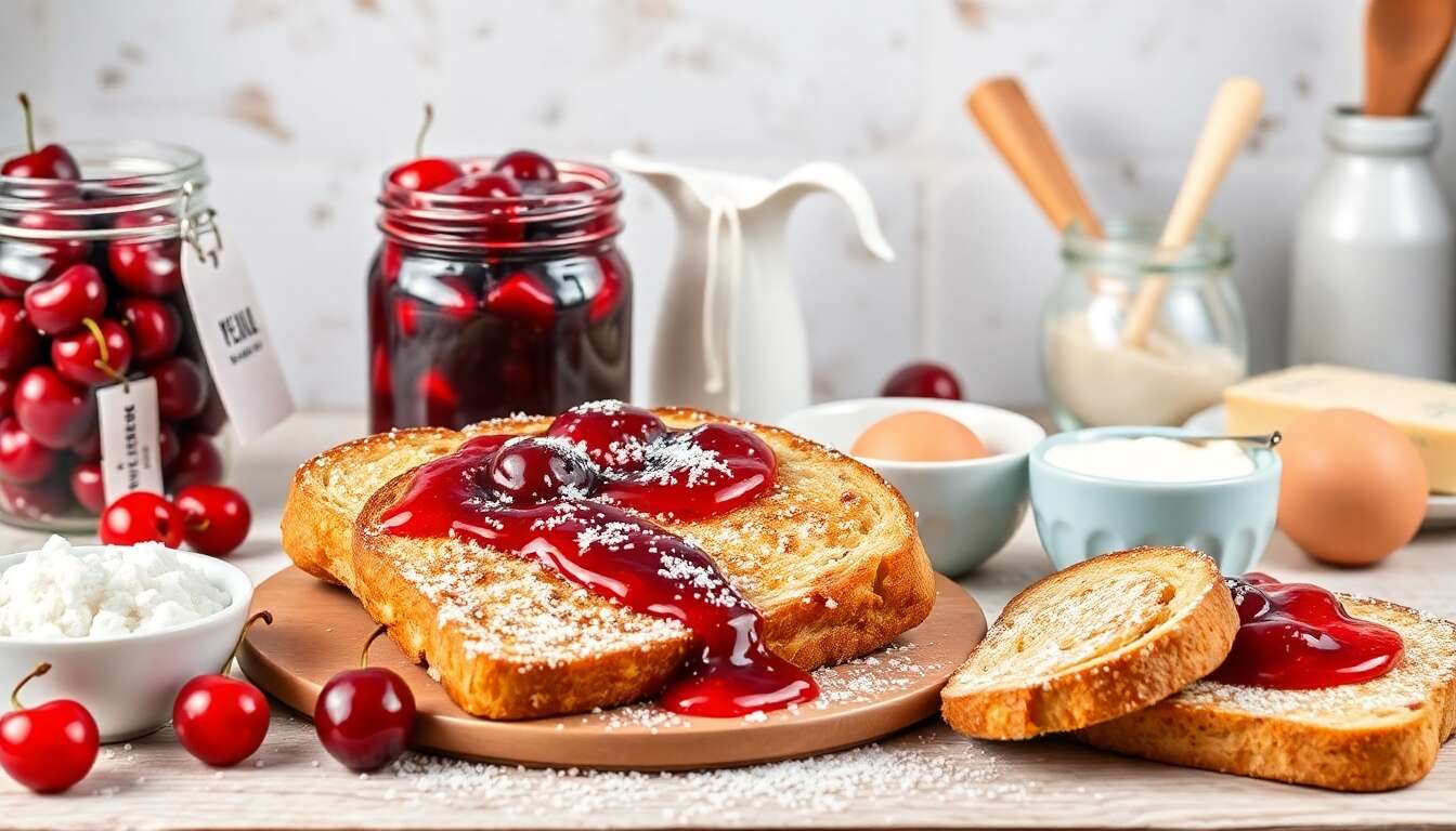 Confiture de cerises maison et pain perdu brioché au sucre vanillé
