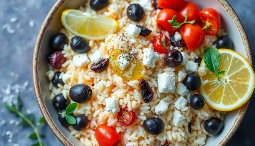 Salade de riz à la feta, tomates et olives : une recette fraîche et savoureuse