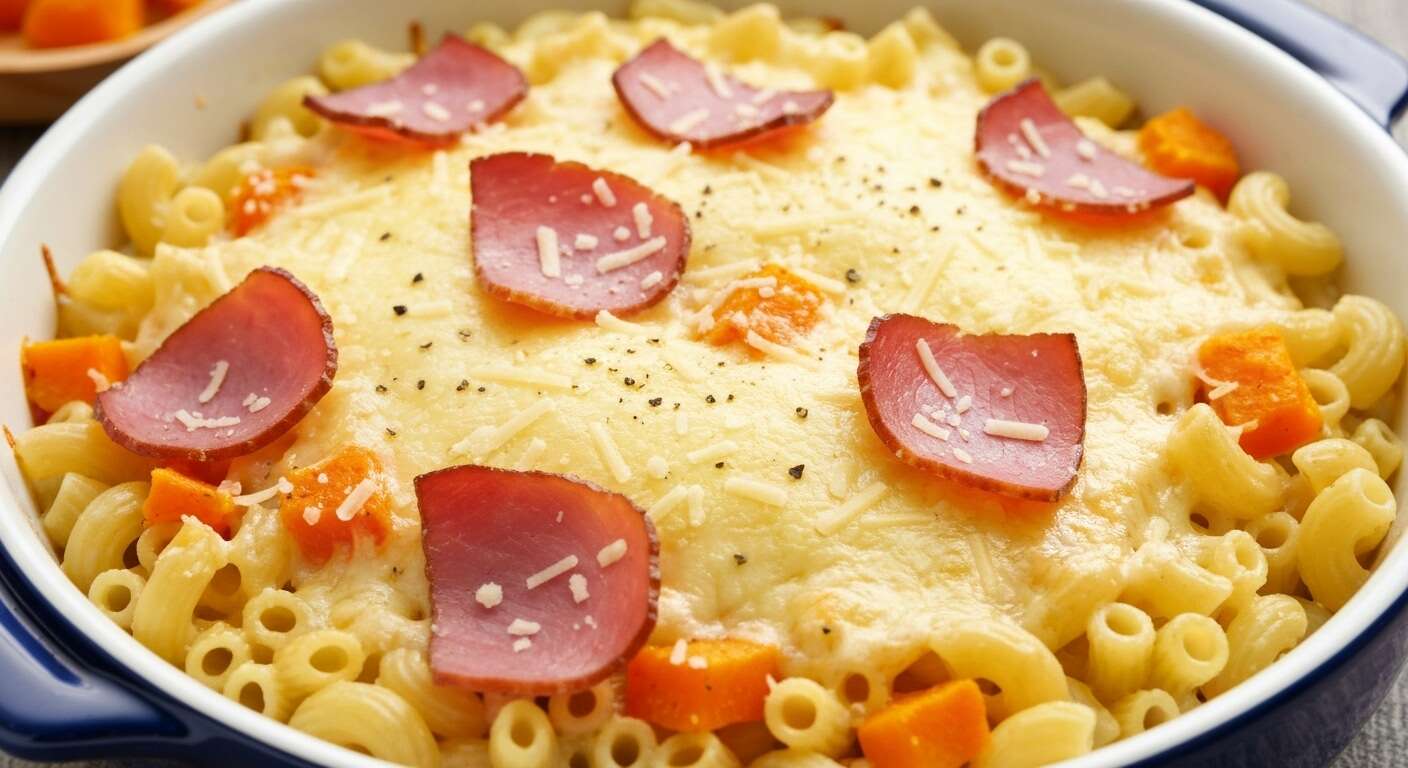 Gratin de macaroni à la courge et jambon fumé : recette savoureuse