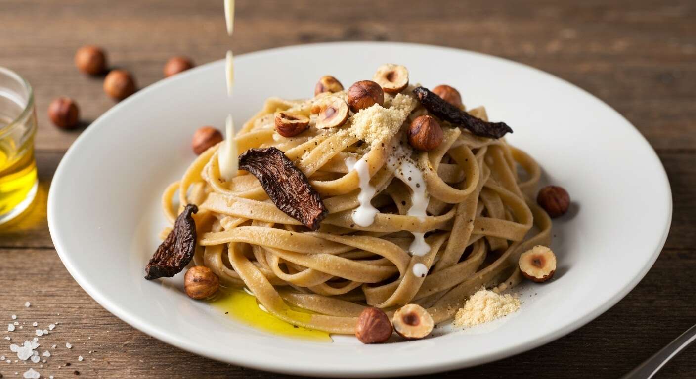 Tagliatelles à la farine de châtaigne : recette gourmande aux pleurotes et noisettes torréfiées