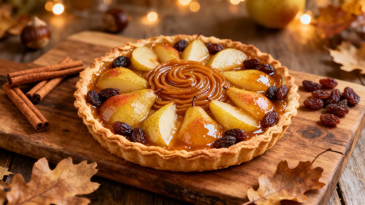 Tartelette d'automne : châtaigne, poires et confit de raisins