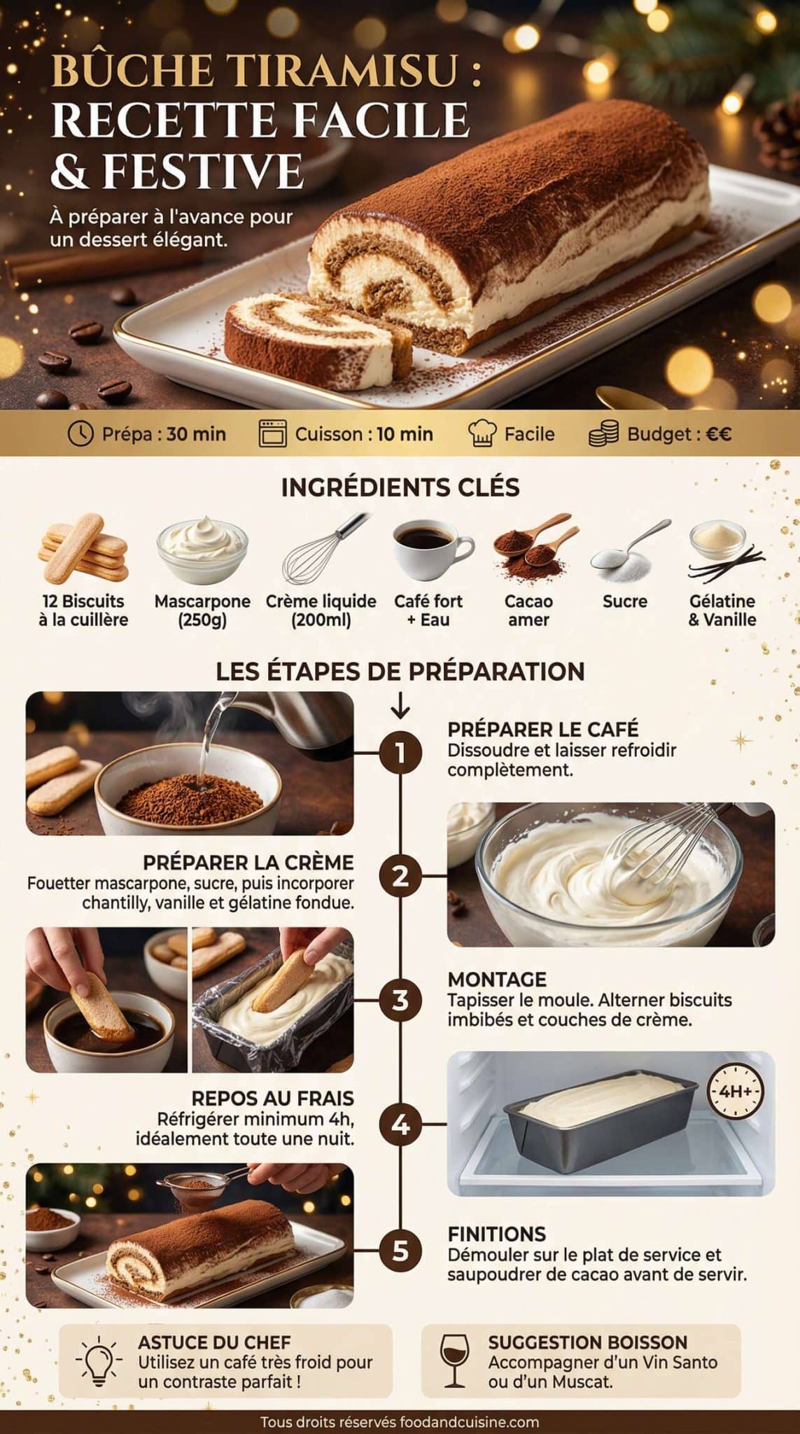 Infographie de la recette Bûche Tiramisu : recette Facile à Préparer à l'Avance Infographie de la recette Bûche Tiramisu : recette Facile à Préparer à l'Avance