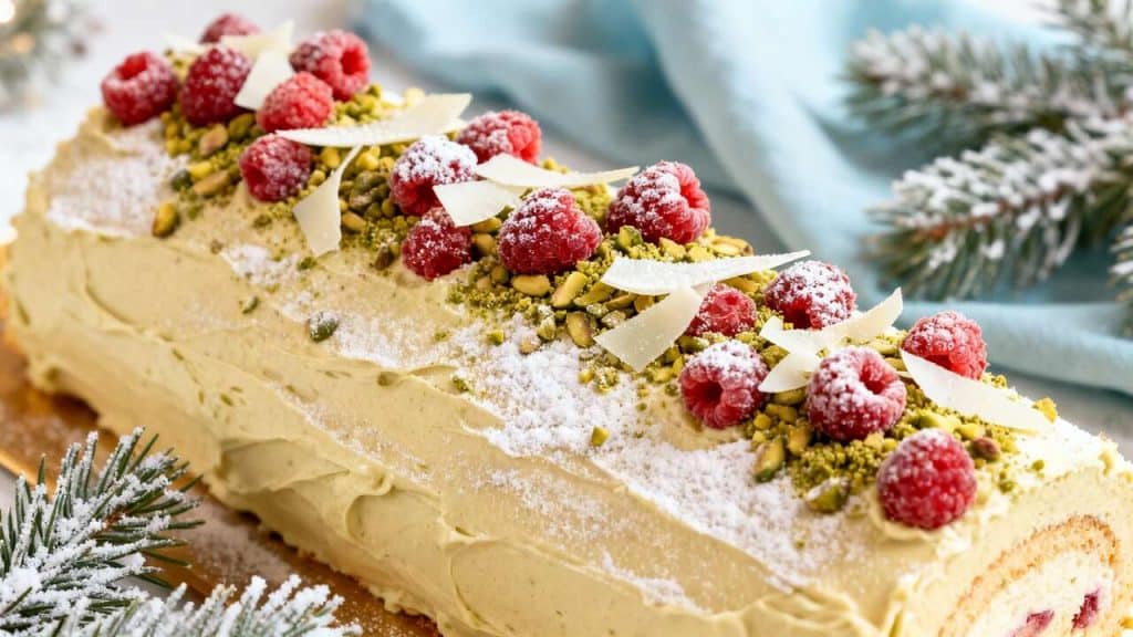Bûche Framboises et Pistaches : recette Gourmande de Noël