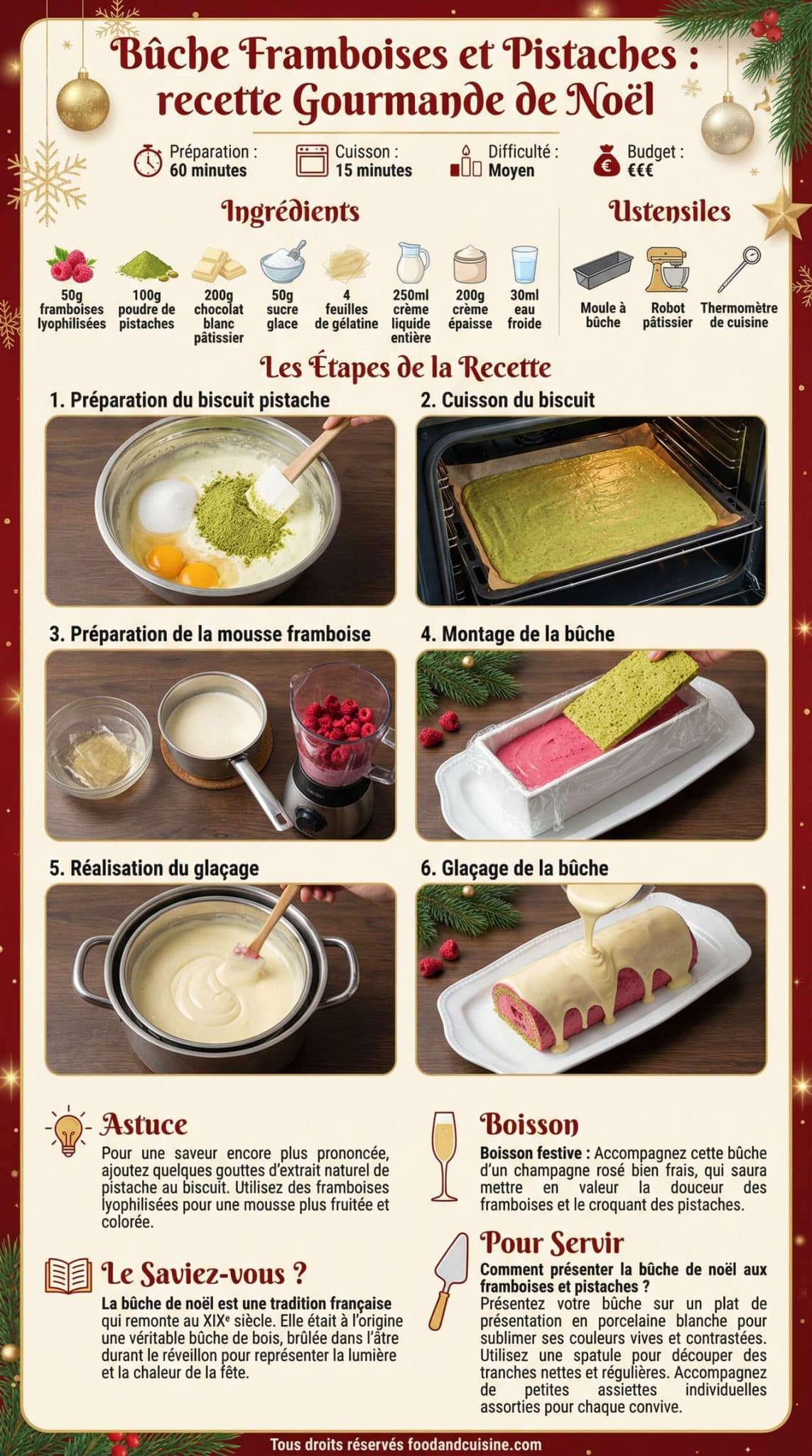 Fiche recette Bûche Framboises et Pistaches : recette Gourmande de Noël Fiche recette Bûche Framboises et Pistaches : recette Gourmande de Noël