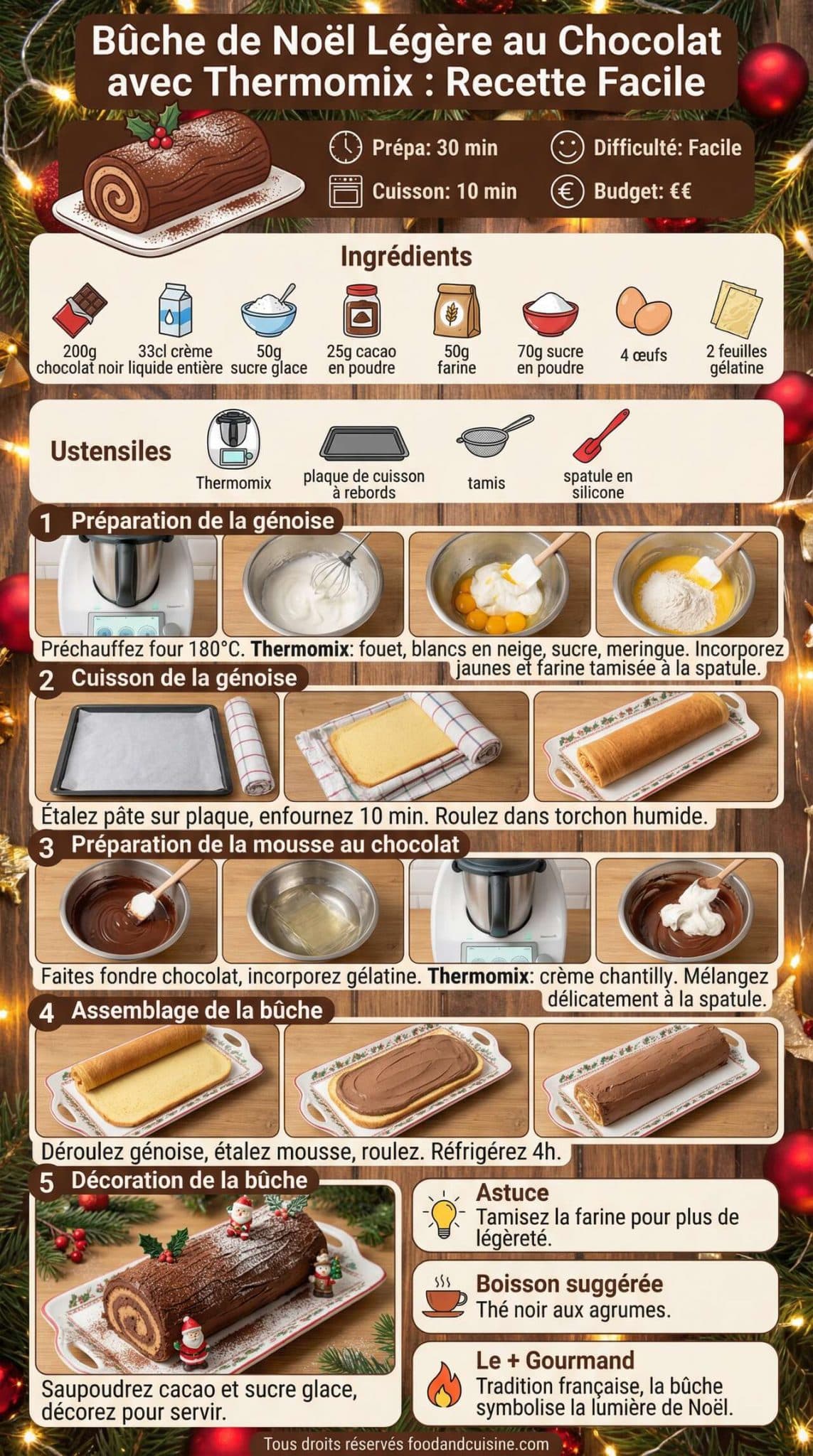 Fiche recette B&ucirc;che de No&euml;l l&eacute;g&egrave;re au chocolat avec Thermomix : recette facile