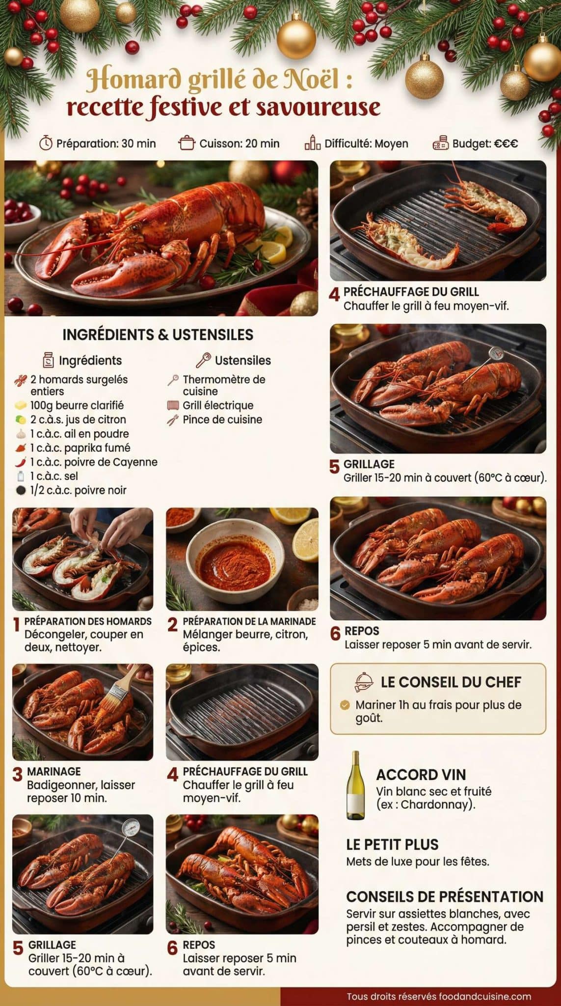 Fiche recette Homard grill&eacute; de No&euml;l : recette festive et savoureuse