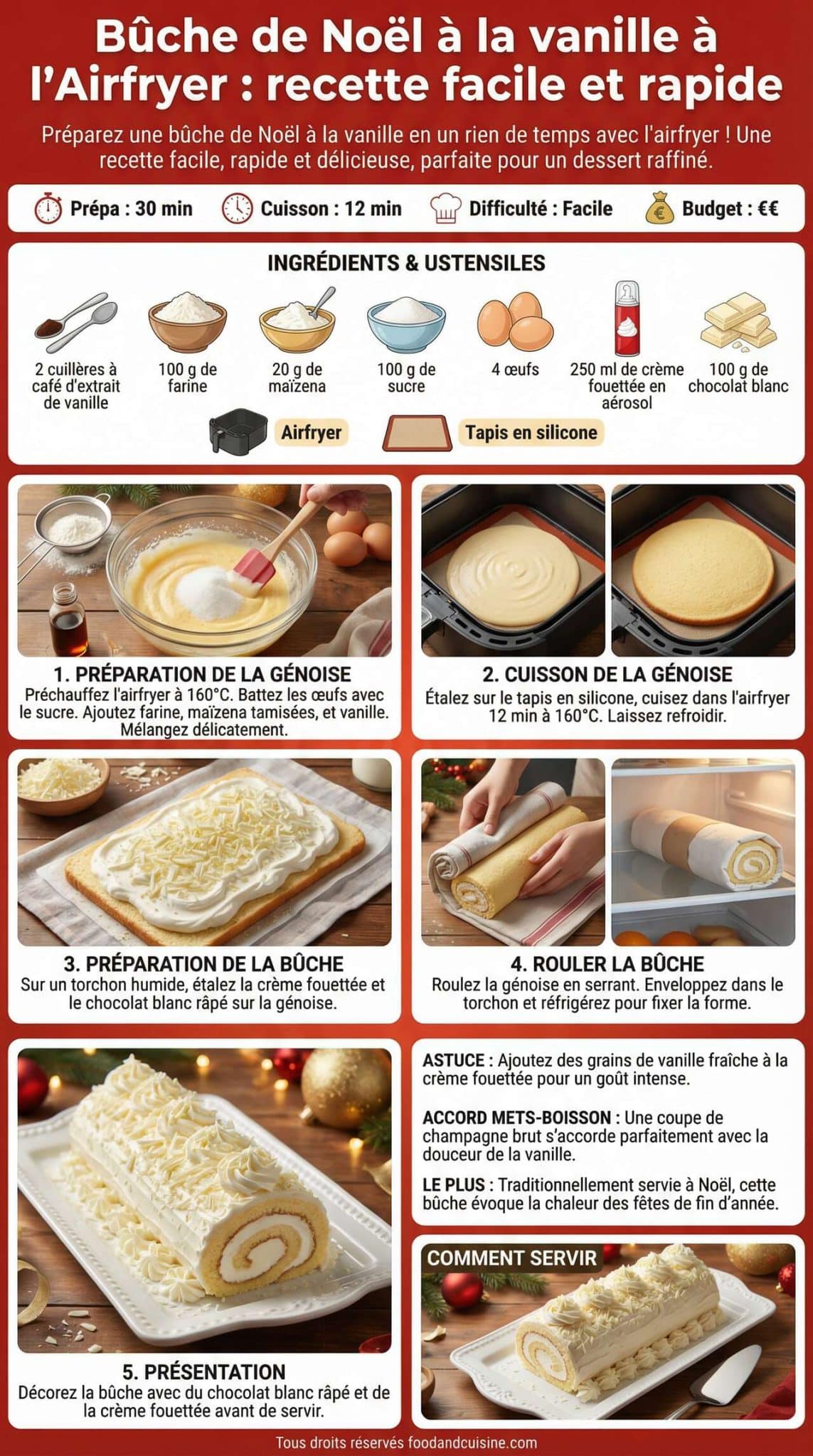 Fiche recette Bûche de Noël à la vanille à l'Airfryer : recette facile et rapide Fiche recette Bûche de Noël à la vanille à l'Airfryer : recette facile et rapide