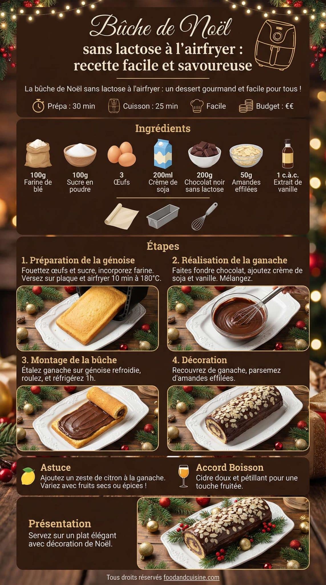 Fiche recette B&ucirc;che de No&euml;l sans lactose &agrave; l'airfryer : recette facile et savoureuse