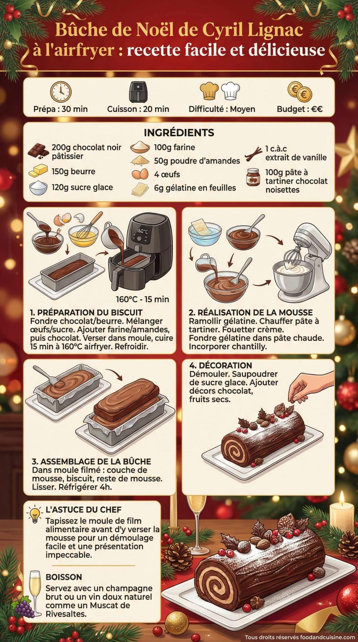 Fiche recette B&ucirc;che de No&euml;l de Cyril Lignac &agrave; l'airfryer : recette facile et d&eacute;licieuse