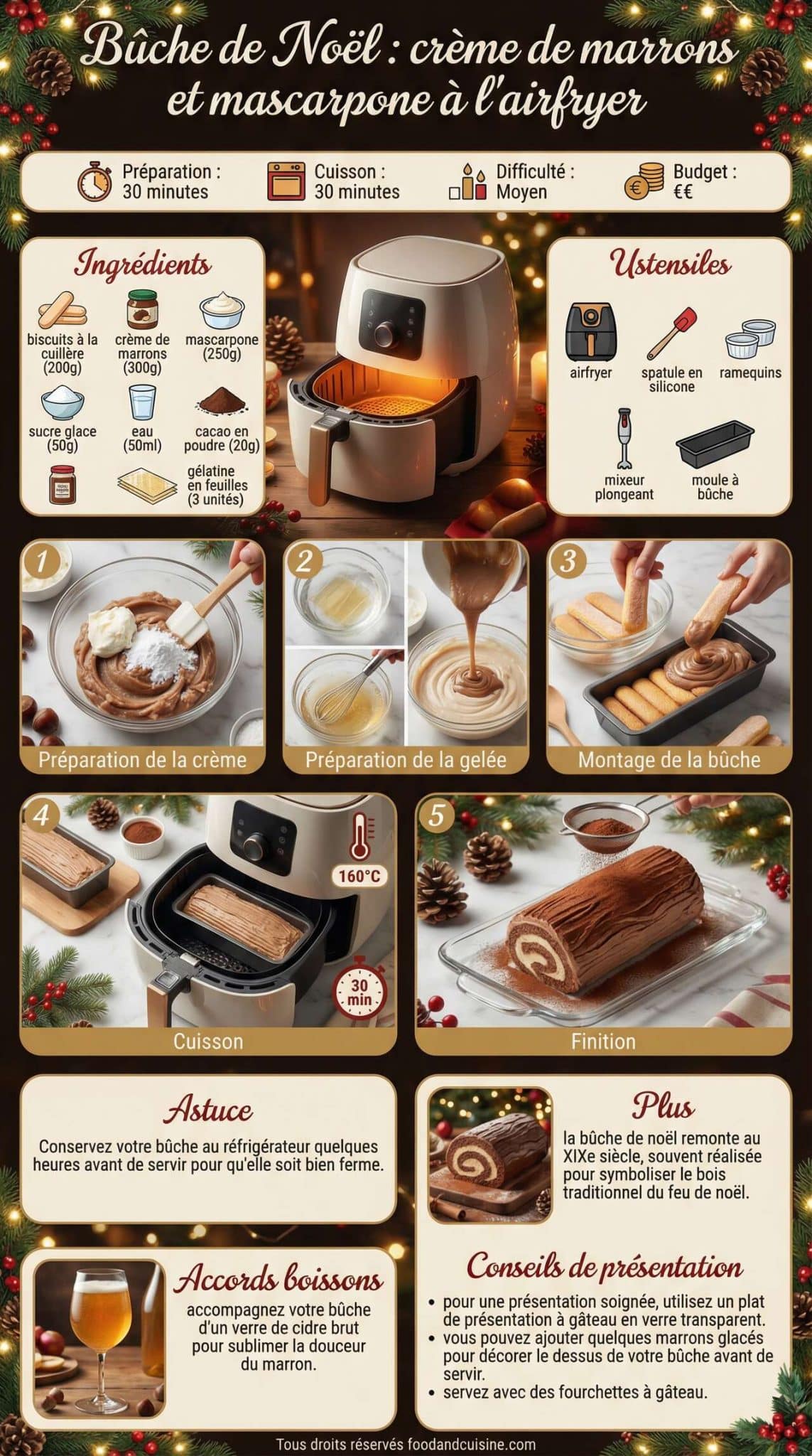 Fiche recette B&ucirc;che de No&euml;l : cr&egrave;me de marrons et mascarpone &agrave; l'airfryer