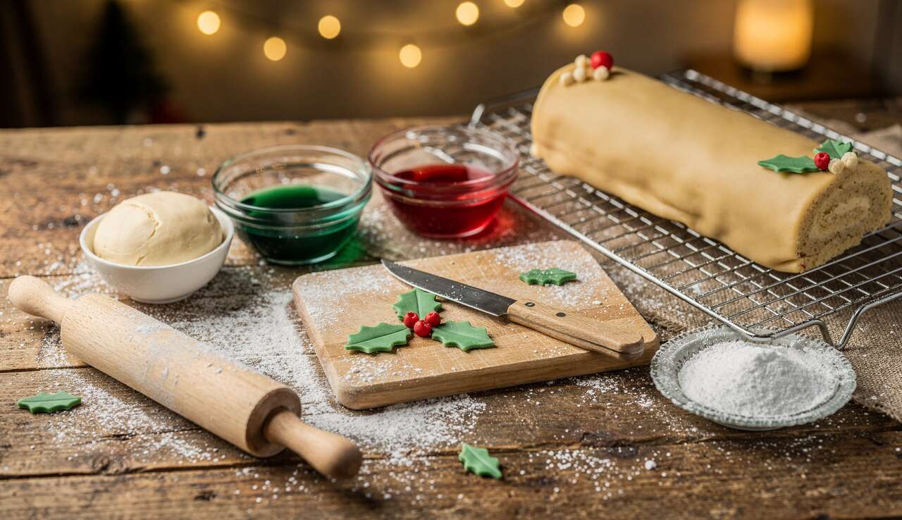 Décoration de bûche de Noël en pâte d'amande
