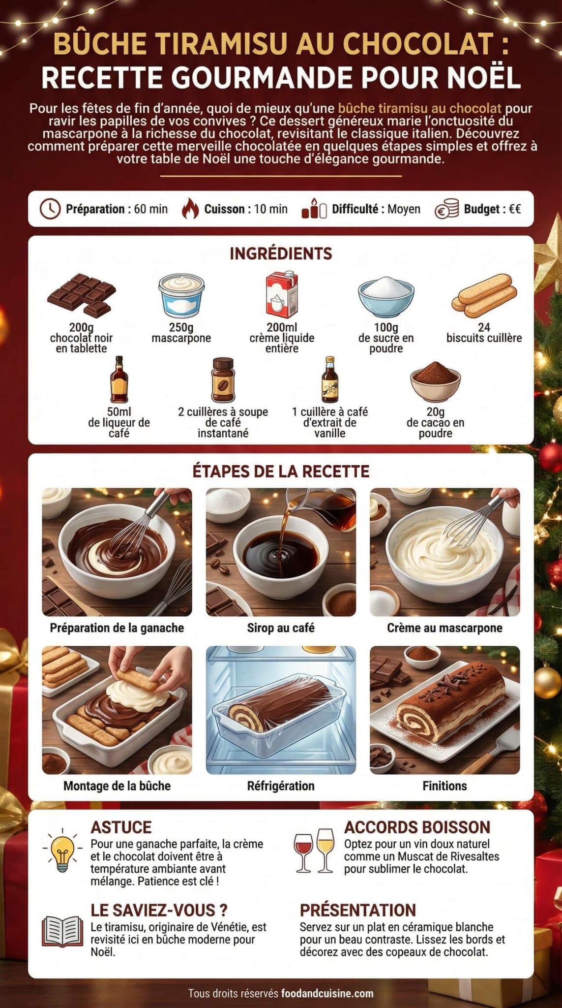 Fiche recette B&ucirc;che tiramisu au chocolat : recette gourmande pour No&euml;l