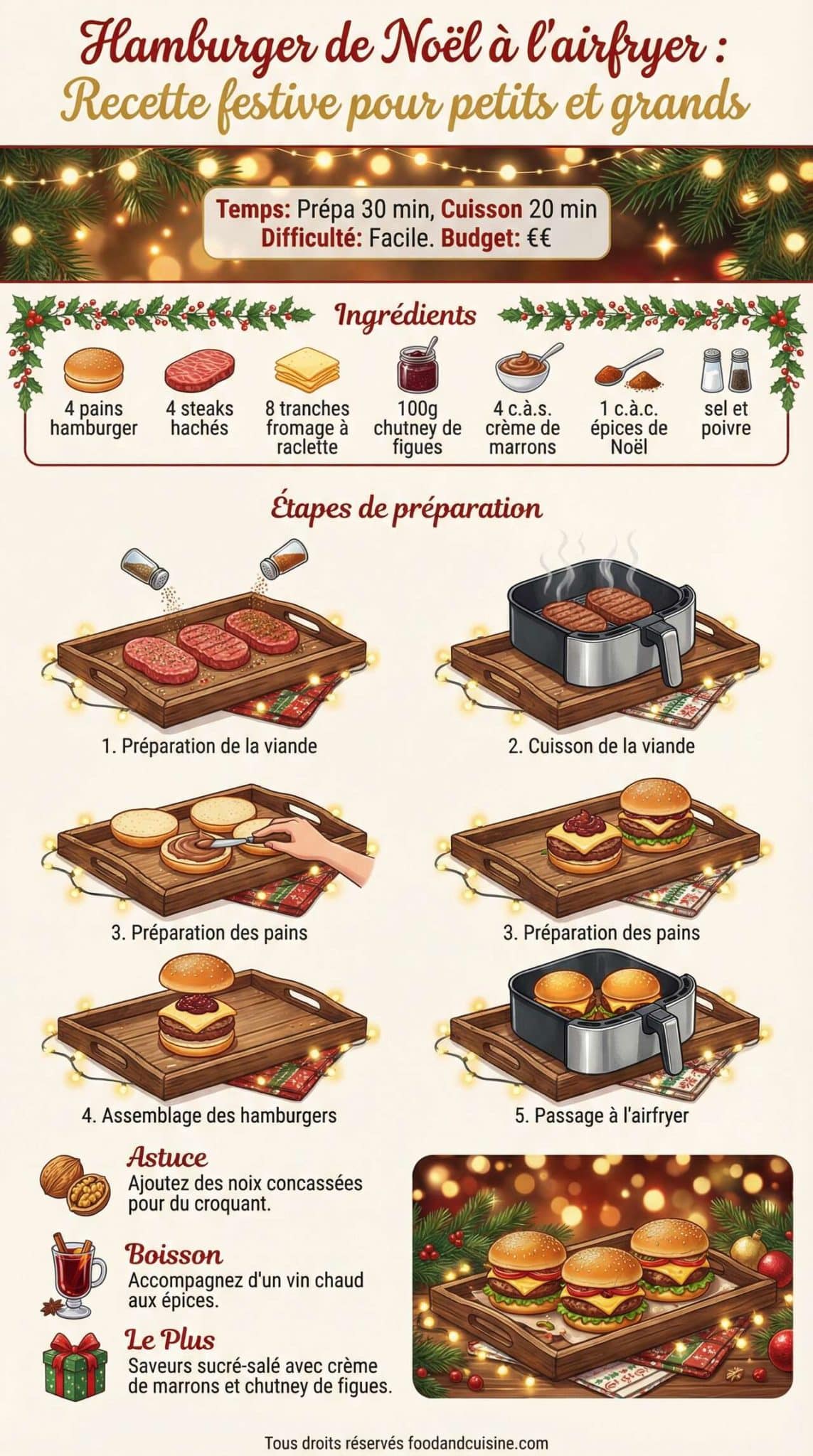 Fiche recette Hamburger de No&euml;l &agrave; l'airfryer : recette festive pour petits et grands