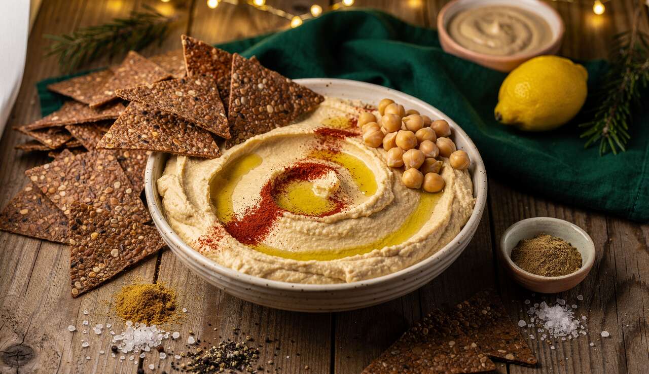 Houmous de Noël et Chips de Sarrasin : recette Festive