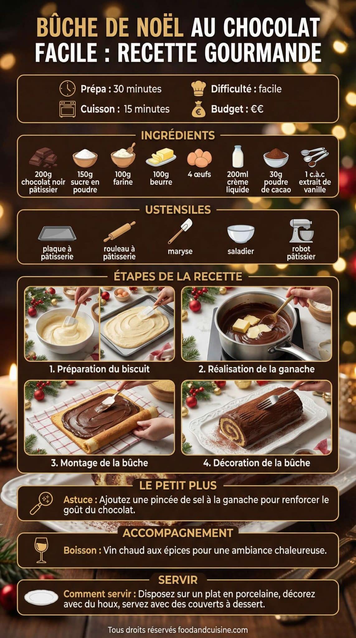Fiche recette B&ucirc;che de No&euml;l au chocolat facile : recette gourmande