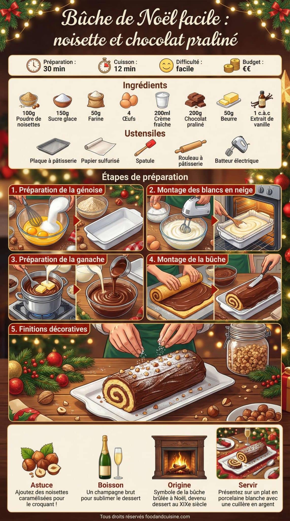Fiche recette B&ucirc;che de No&euml;l facile : noisette et chocolat pralin&eacute;