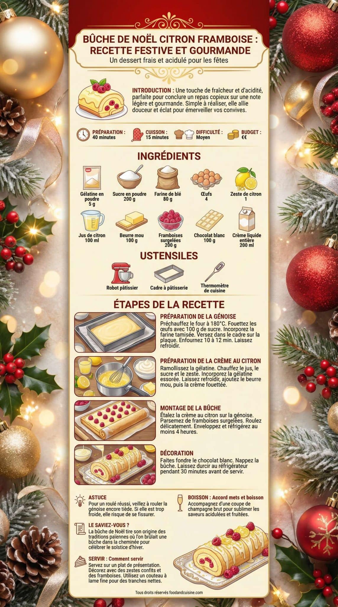 Fiche recette B&ucirc;che de No&euml;l citron framboise : recette festive et gourmande