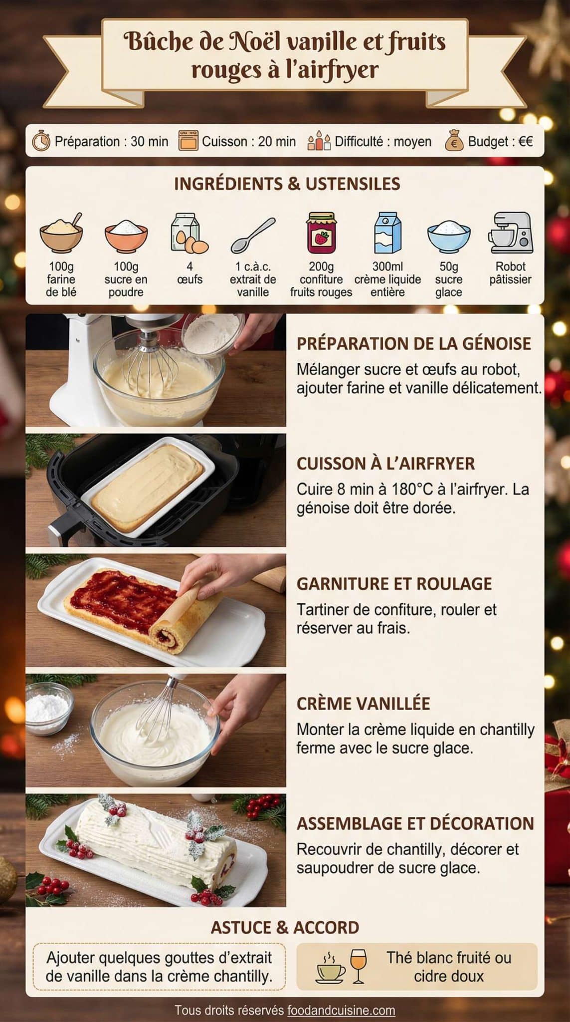 Fiche recette Bûche de Noël vanille et fruits rouges à l'airfryer Fiche recette Bûche de Noël vanille et fruits rouges à l'airfryer