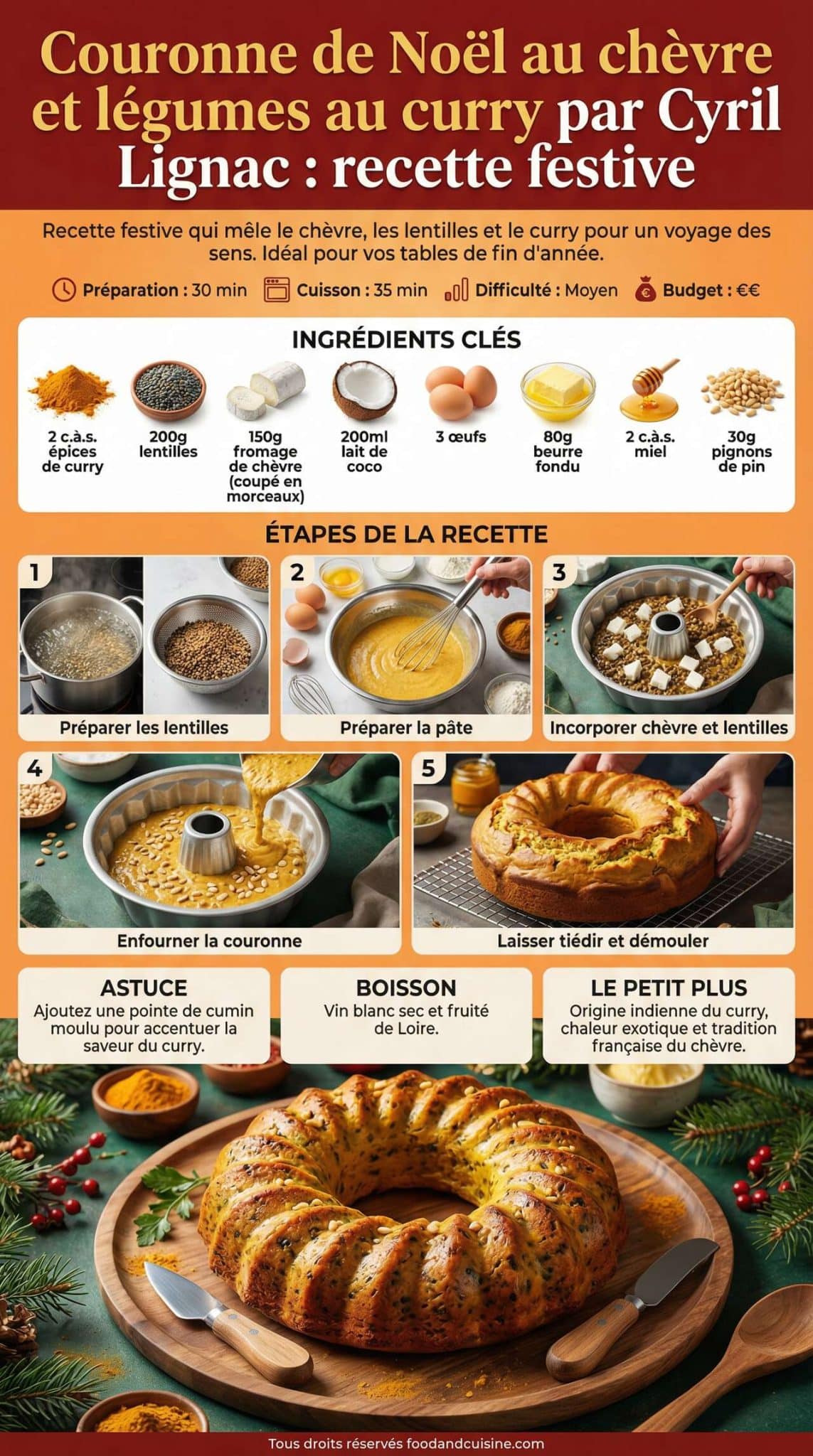 Fiche recette Couronne de No&euml;l au ch&egrave;vre et l&eacute;gumes au curry par Cyril Lignac : recette festive