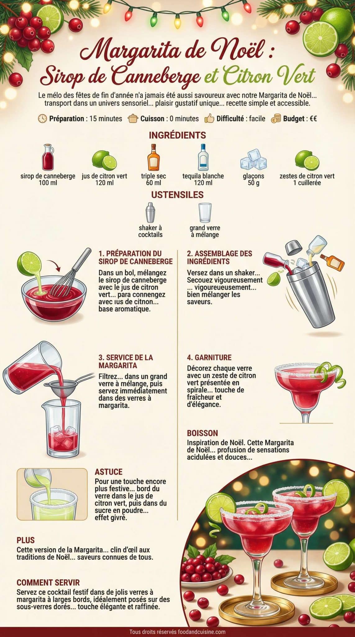 Fiche recette Margarita de No&euml;l : sirop de Canneberge et Citron Vert