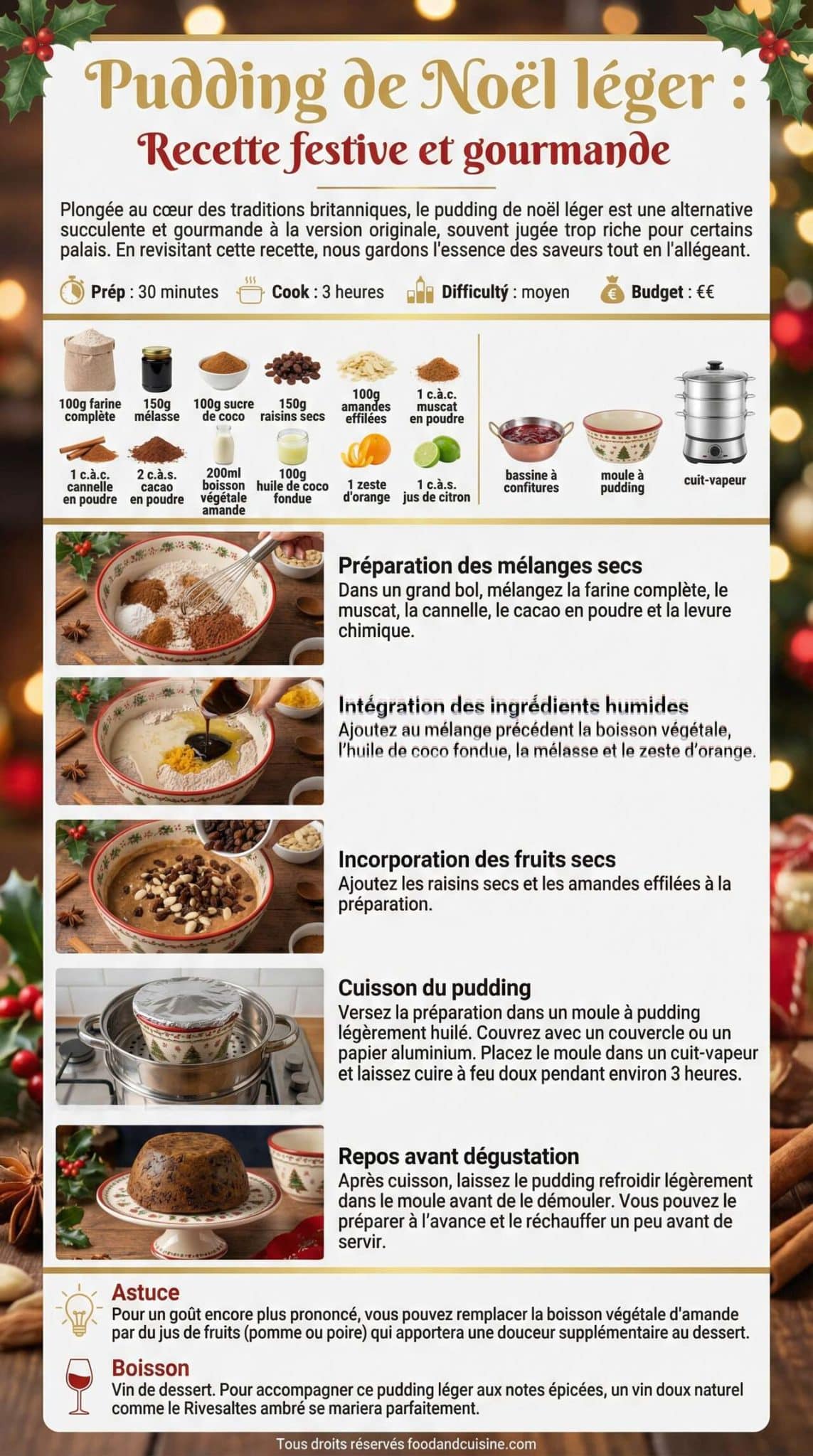 Fiche recette Pudding de No&euml;l l&eacute;ger : recette festive et gourmande