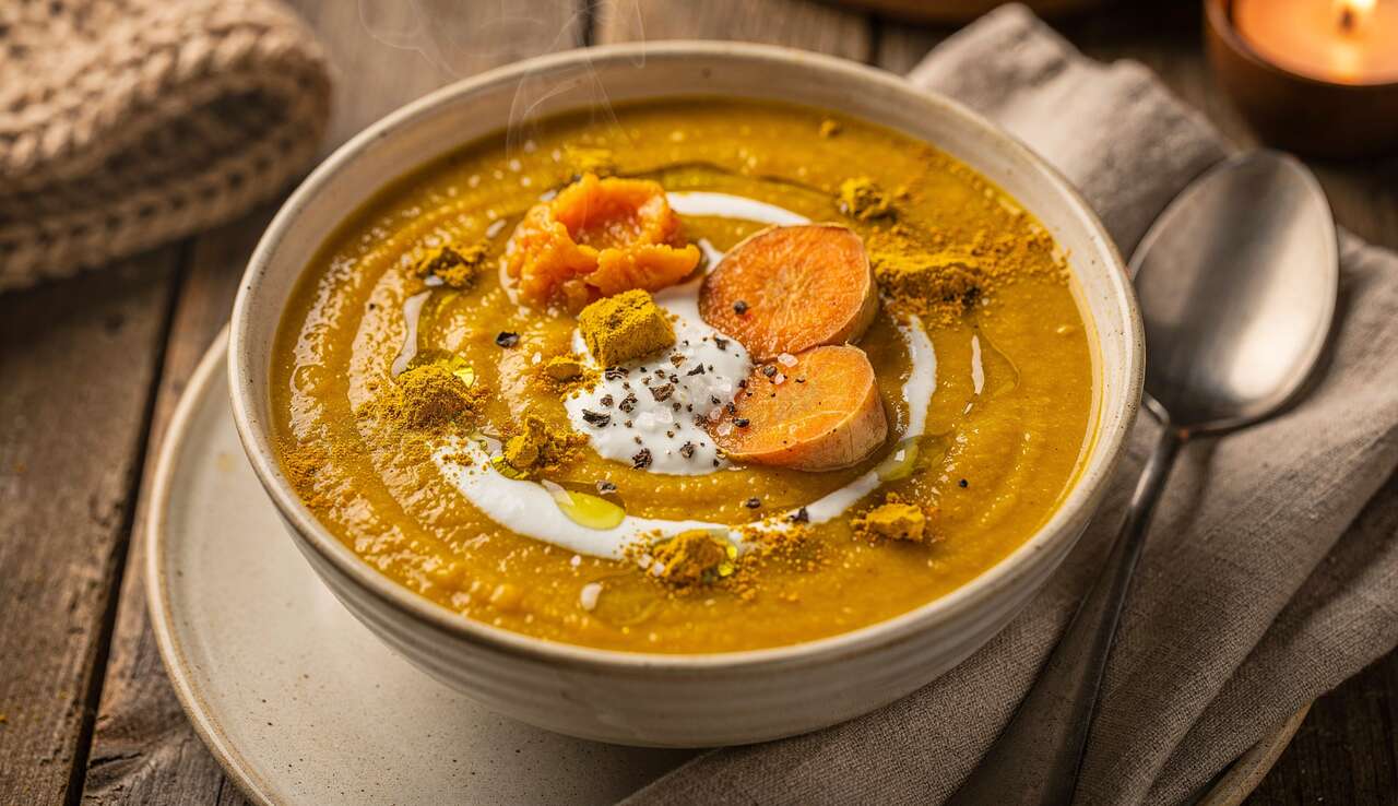 Soupe de potiron et patate douce au curcuma : recette savoureuse