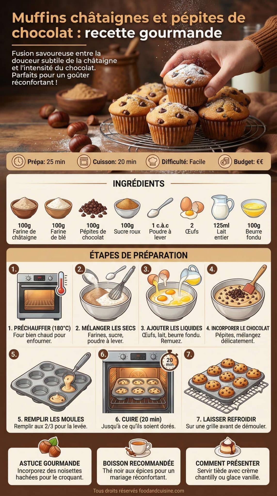 Fiche recette Muffins ch&acirc;taignes et p&eacute;pites de chocolat : recette gourmande