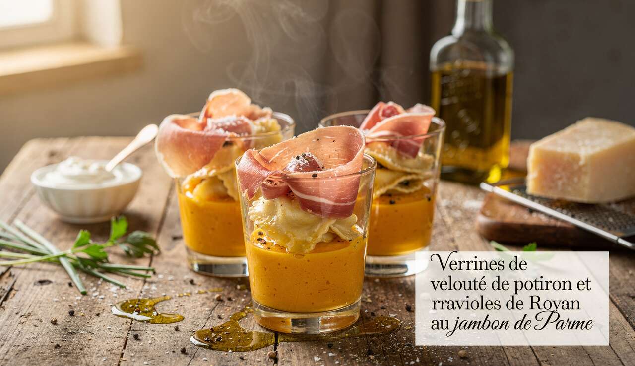 Verrines de velouté de potiron et ravioles de Royan au jambon de Parme
