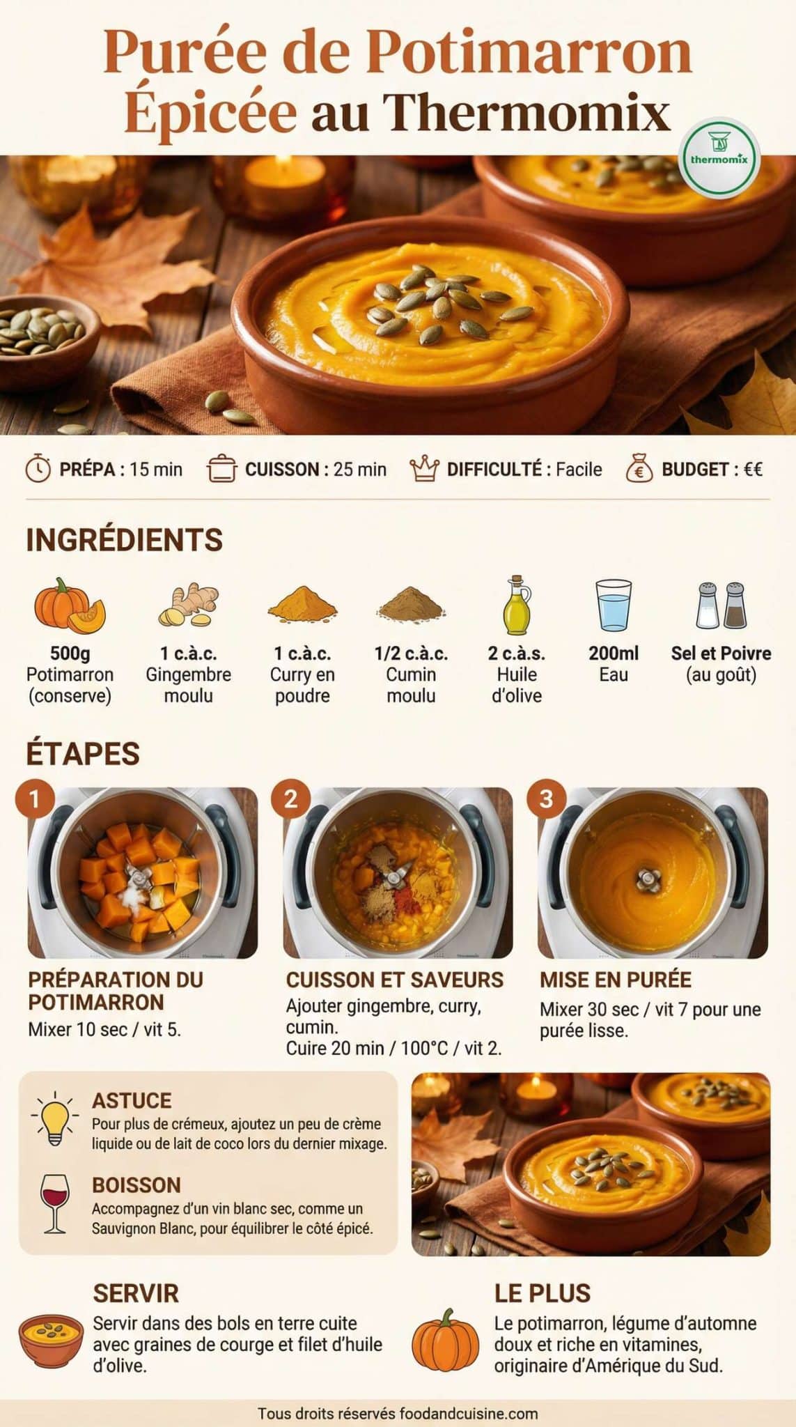 Fiche recette Pur&eacute;e de potimarron &eacute;pic&eacute;e au Thermomix