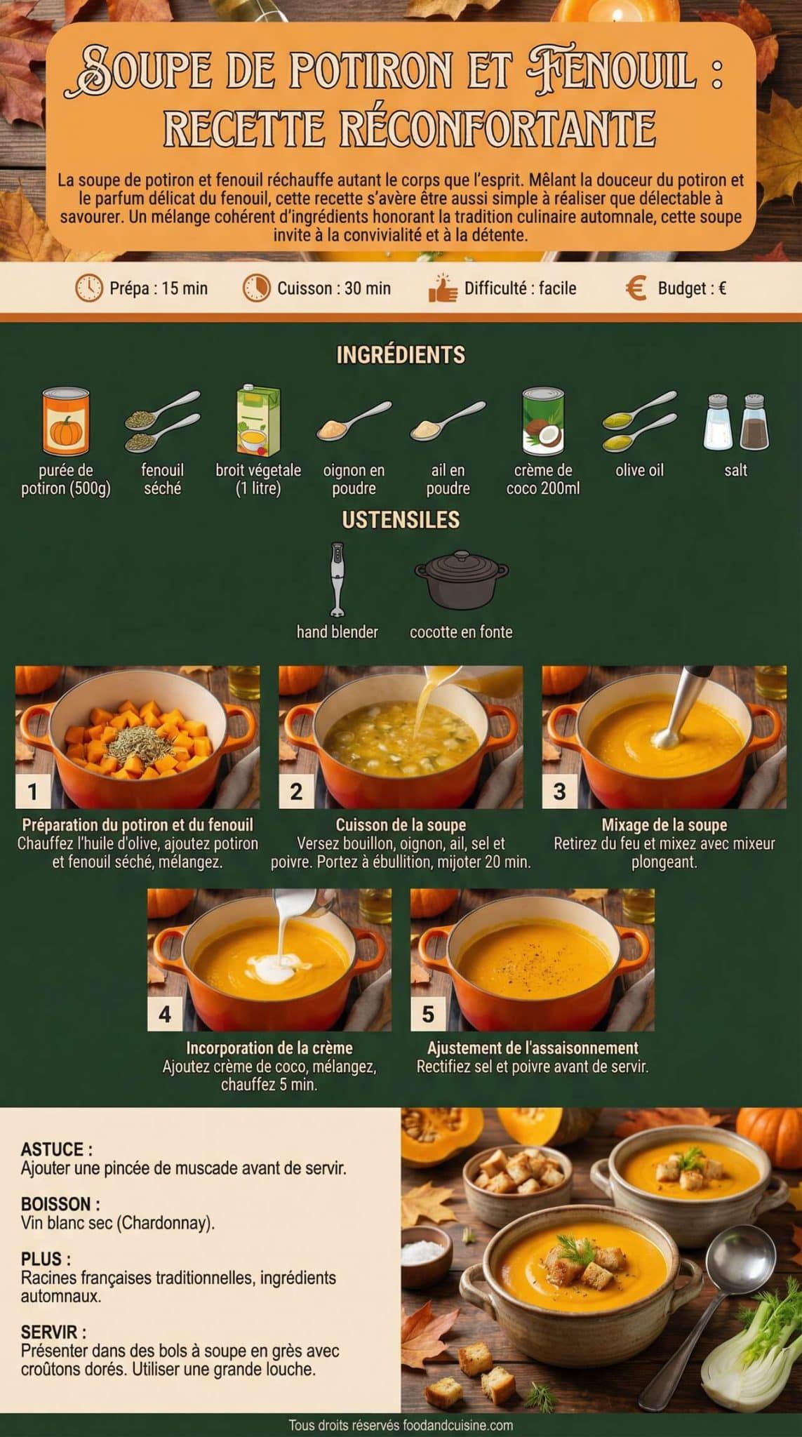 Fiche recette Soupe de potiron et fenouil : recette r&eacute;confortante