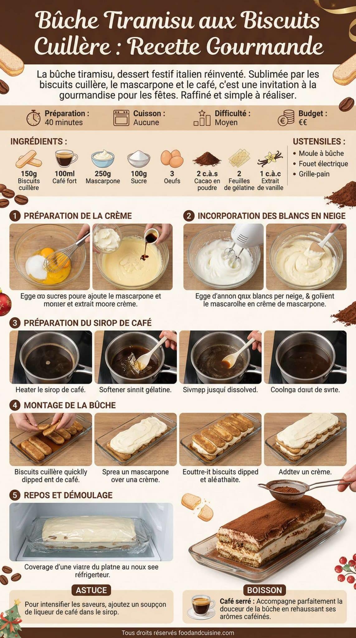 Fiche recette B&ucirc;che tiramisu aux biscuits cuill&egrave;re : recette gourmande