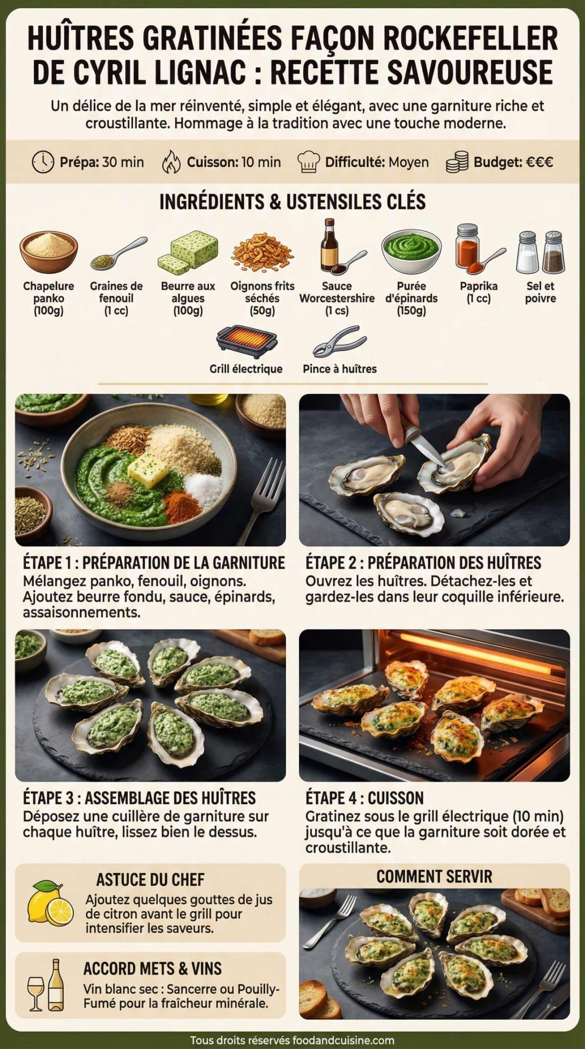 Fiche recette Hu&icirc;tres gratin&eacute;es fa&ccedil;on Rockefeller de Cyril Lignac : recette savoureuse