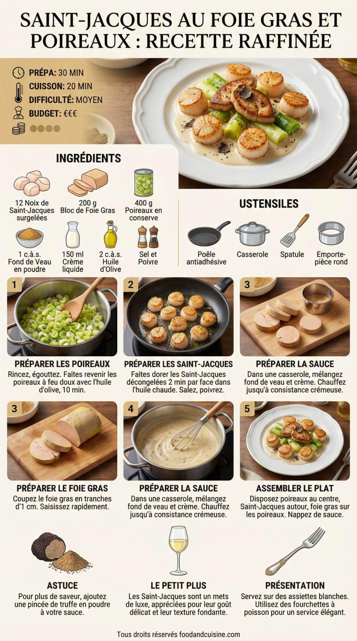 Fiche recette Saint-Jacques au foie gras et poireaux : recette raffinée Fiche recette Saint-Jacques au foie gras et poireaux : recette raffinée