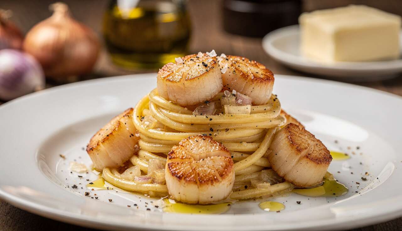Linguine aux Saint-Jacques : recette de Cyril Lignac avec crème au Banyuls