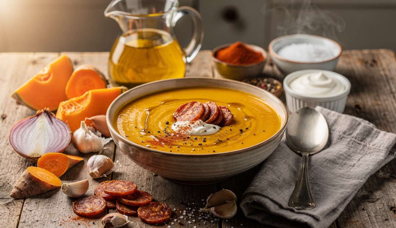 Soupe potiron, chorizo et patate douce : recette gourmande