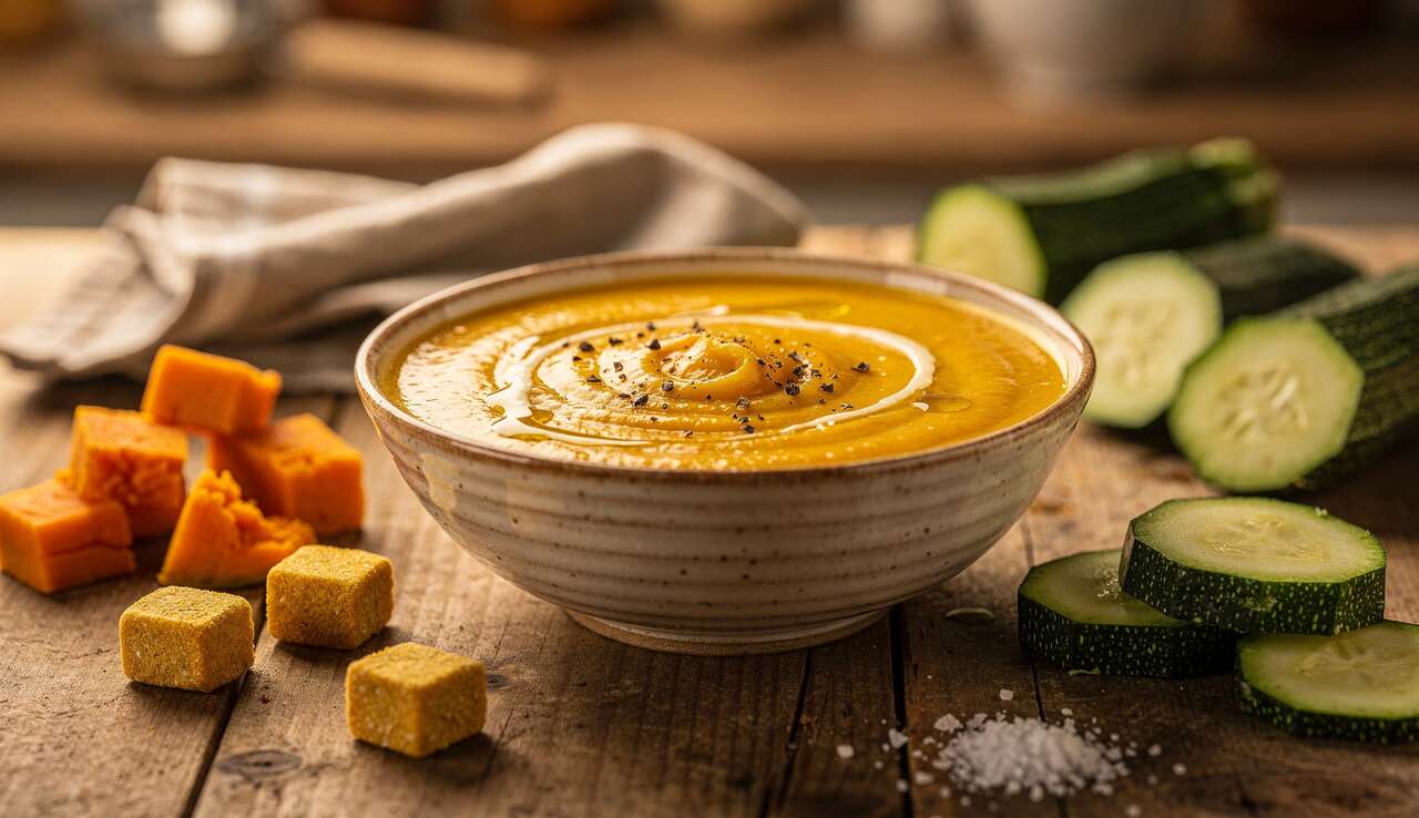 Soupe potiron, courgettes et Vache qui rit : recette facile et savoureuse